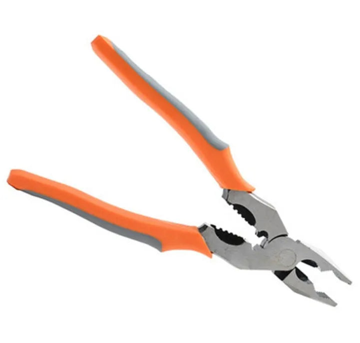 Orange handled multi-function wire cutter pliers with chrome steel jaws on a workbench.