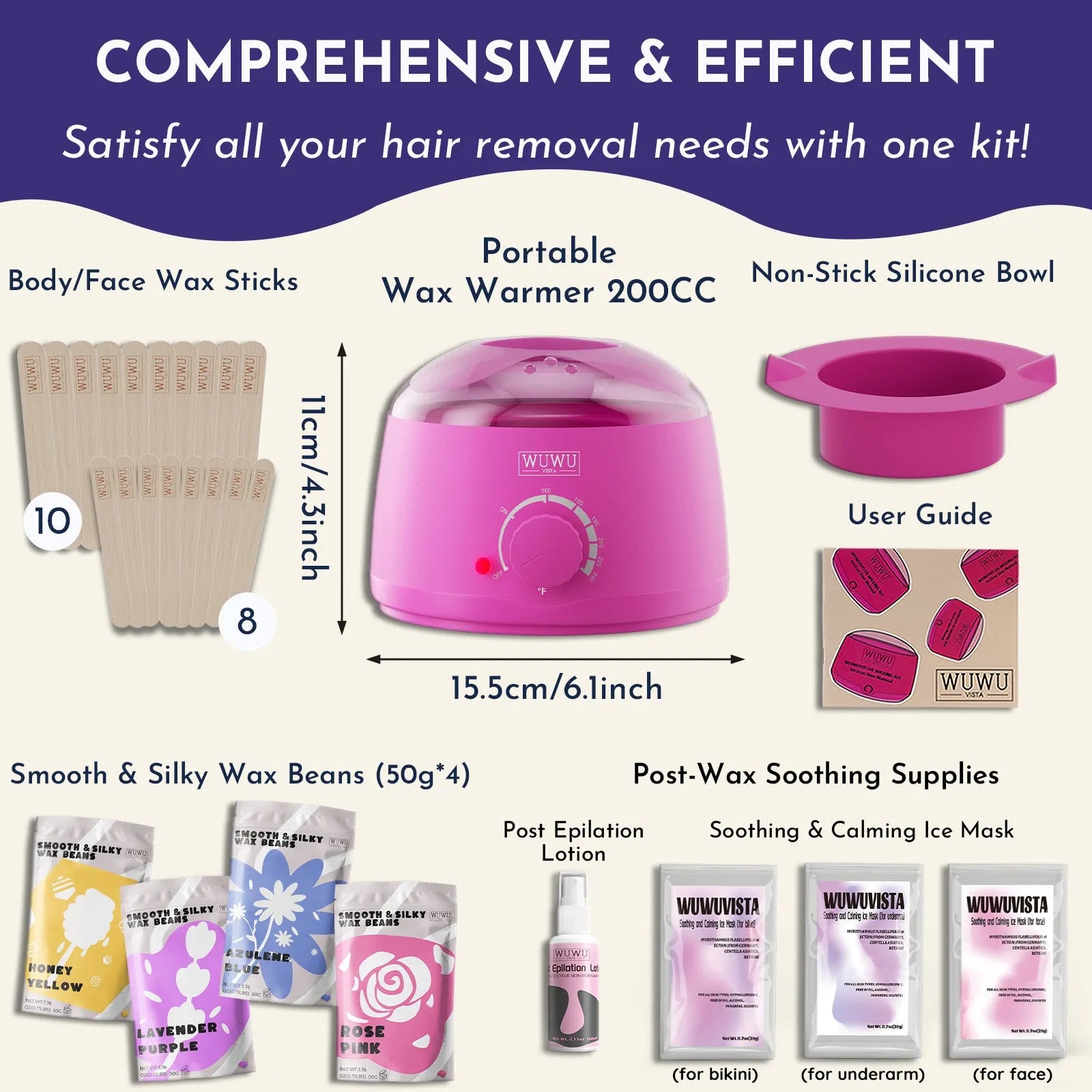 Portable waxing kit with black wax warmer, four coloured wax beans, facial and body sticks, and aftercare products