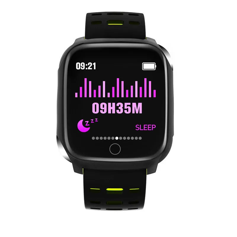 F16 Smart Watch with ECG monitor on a black and green silicone wristband, showing the display.