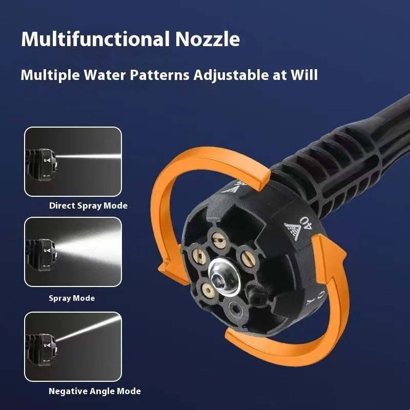 Wireless high pressure water gun in green with six nozzle attachments and accessories for household cleaning