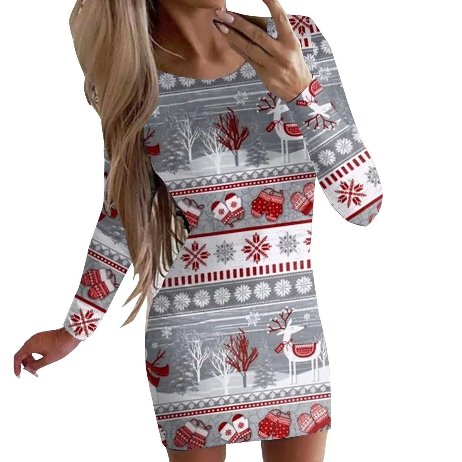 Christmas animal print narrow dress with hip skirt and long sleeves in floral colour options