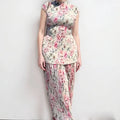 Long sleeve printed chiffon dress with high waist and matching top, shown in picture colour.