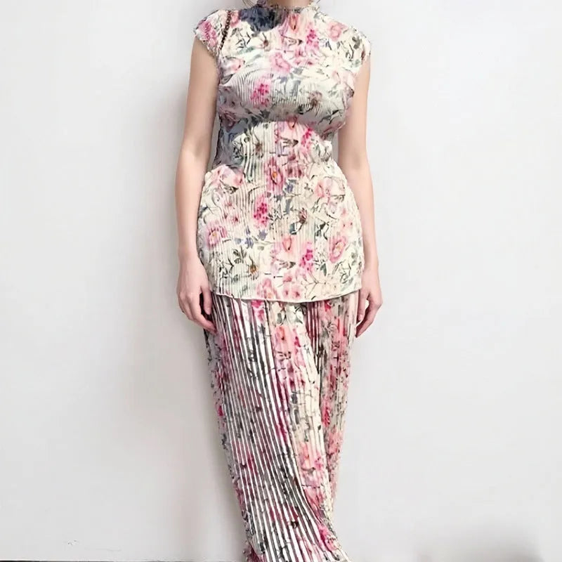 Long sleeve printed chiffon dress with high waist and matching top, shown in picture colour.