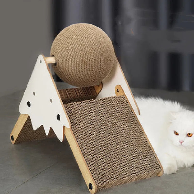 Sisal and corrugated paper cat grasping ball scratch board in snow mountain colour, 45x20x35cm size