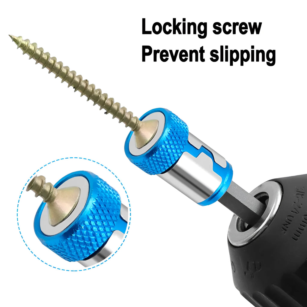 Light blue screwdriver bit with magnetic ring for slotted screws