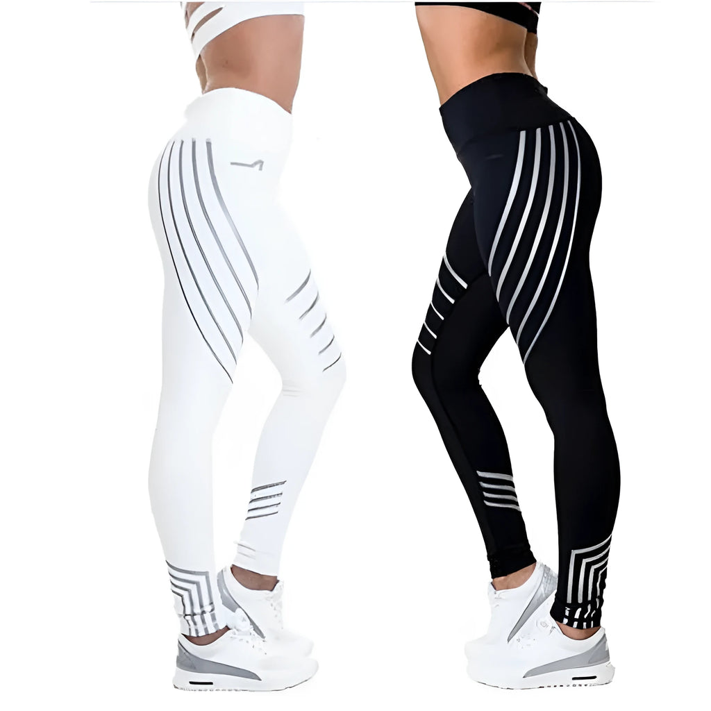 Women's black workout leggings with night glowing print and high-waist design