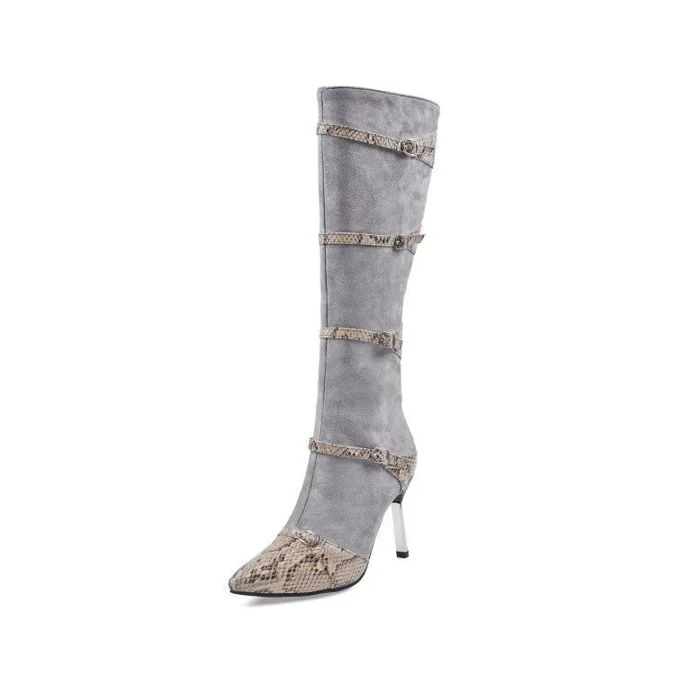 Grey and black women's knee-high high-heel boots with a 9cm heel and 33cm shaft.