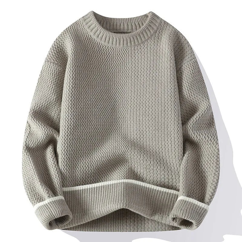 Men's grey loose fit polyester blend round neck sweater with long sleeves