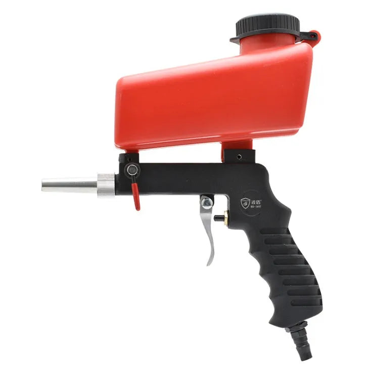 Portable blue pneumatic sandblasting gun with top-mounted tank for rust removal and surface preparation.