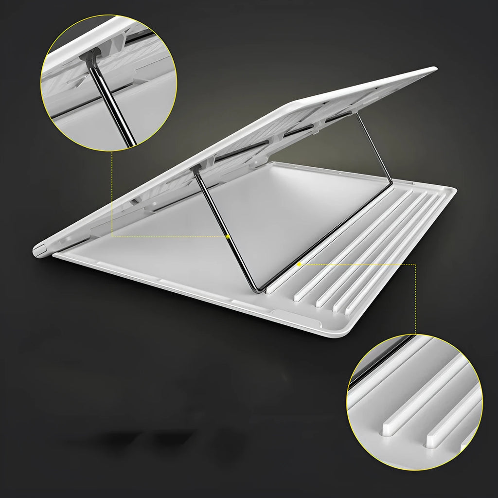 Dongdong portable alloy notebook stand in black shown on a desk