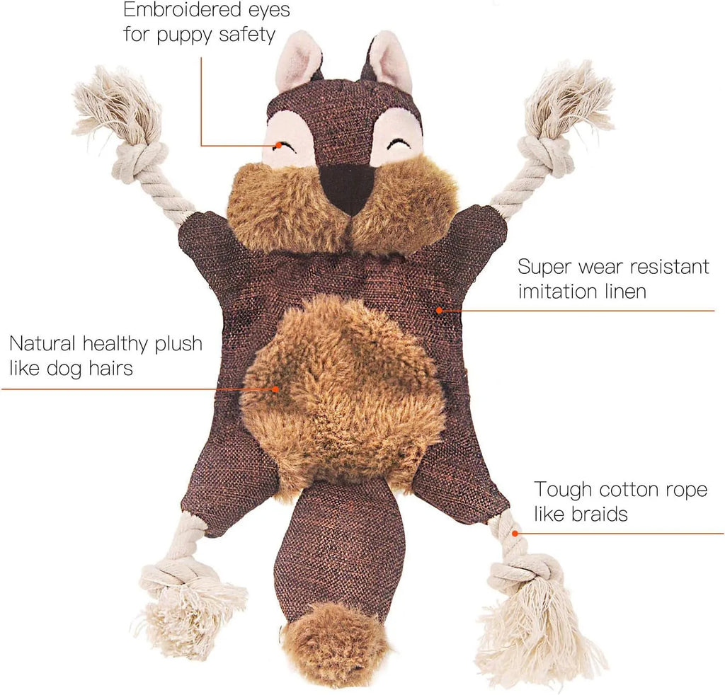 Brown plush fox dog toy with embroidered eyes, rope in limbs, for puppies and small dogs