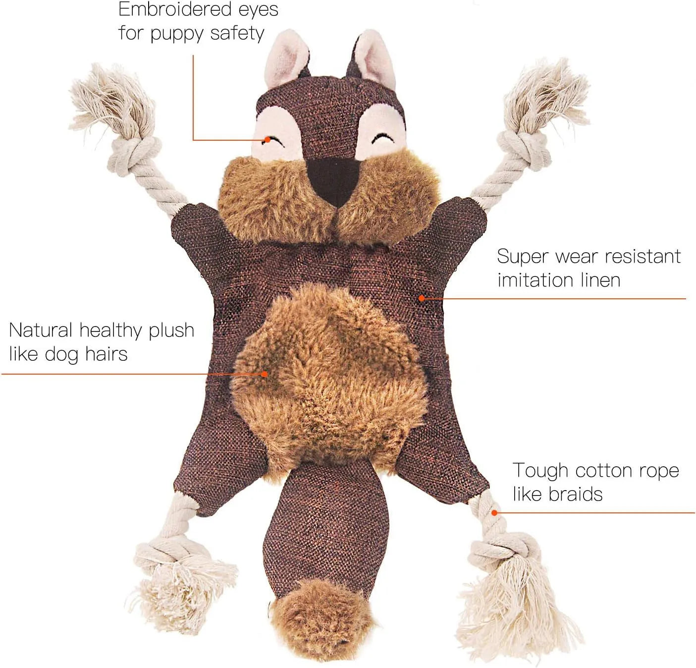 Brown plush fox dog toy with embroidered eyes, rope in limbs, for puppies and small dogs