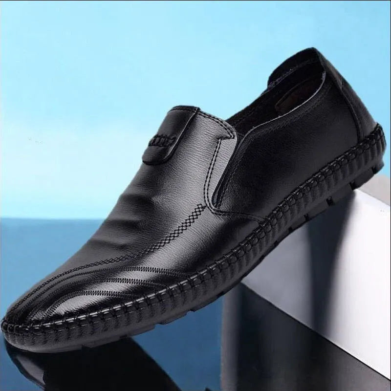 Men's black and brown business shoes with flat heels in lace-up and slip-on styles