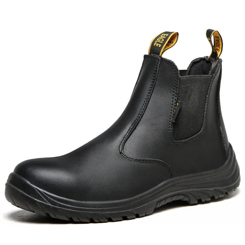 Black leather safety work boots with high-top design and anti-piercing sole protection