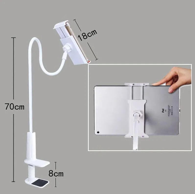 Black bedside oversize flat panel phone holder with a long flexible arm mounted on a table.