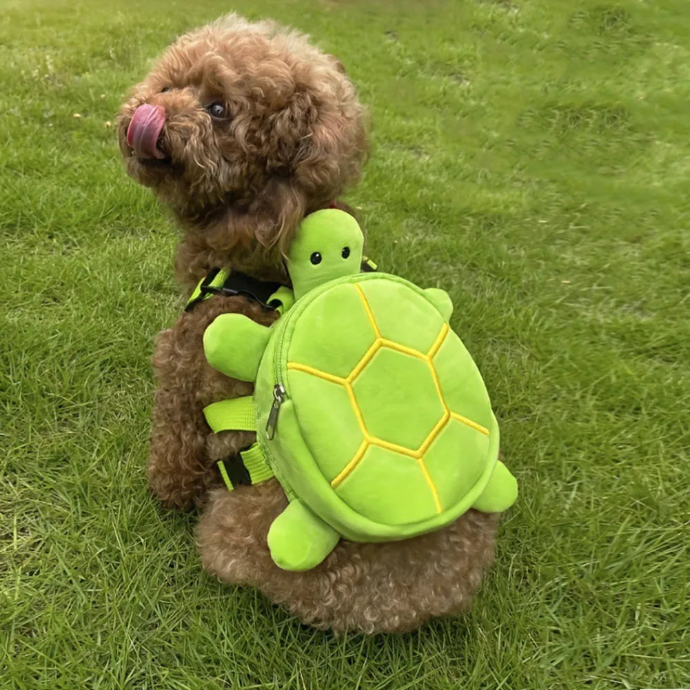 Brown turtle-shaped velvet dog backpack harness with metal zipper and 20x18cm dimensions