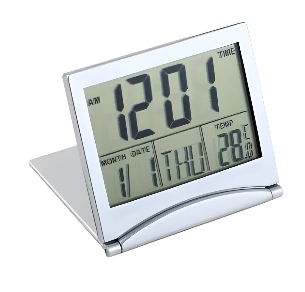 Square folding travel alarm clock with perpetual calendar and mirror front in closed and open positions showing plastic case