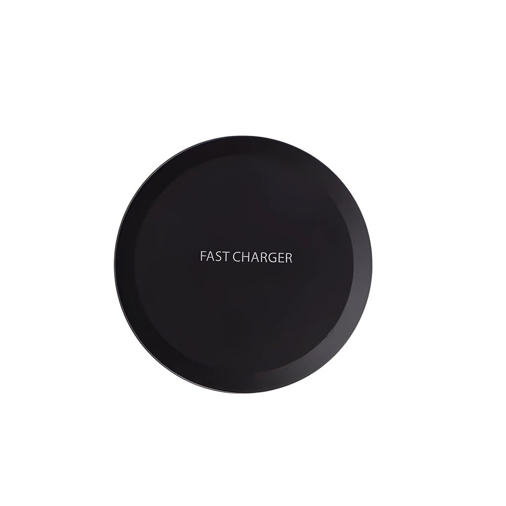 Ultra-thin wireless charger pad in black with LED indicator light and USB cable