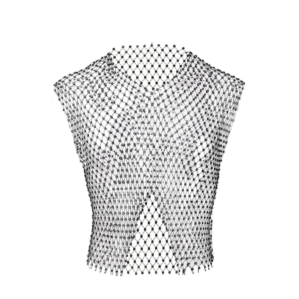 Men's big rhinestone split V-neck fishnet sleeveless top in nylon, black colour, front view