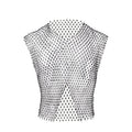 Men's big rhinestone split V-neck fishnet sleeveless top in nylon, black colour, front view