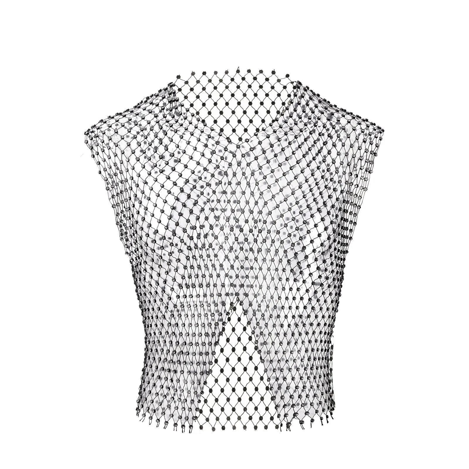 Men's big rhinestone split V-neck fishnet sleeveless top in nylon, black colour, front view