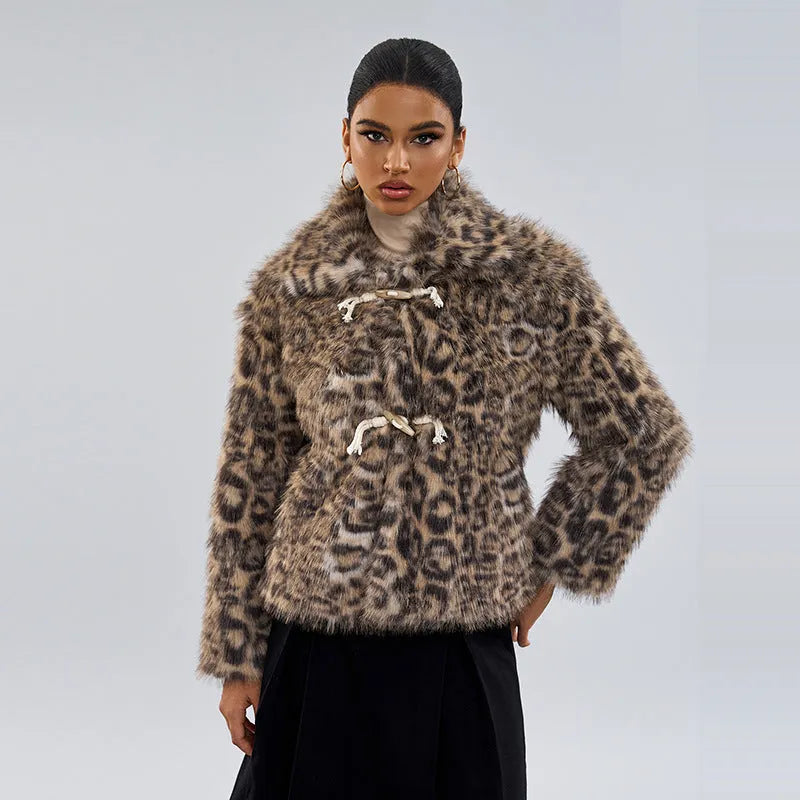 Women's leopard print coat with buckle lapel detail showing normal length street fashion design