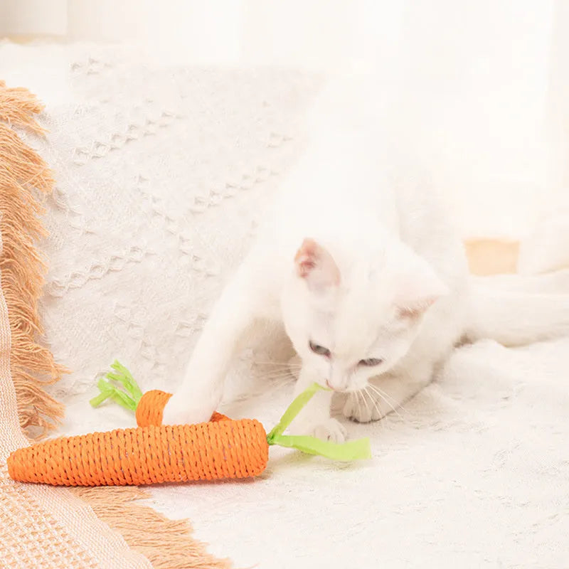 Set of cat toys including carrot bites, paper balls, ringing stones sticks, and dental chewing sticks in large and small sizes