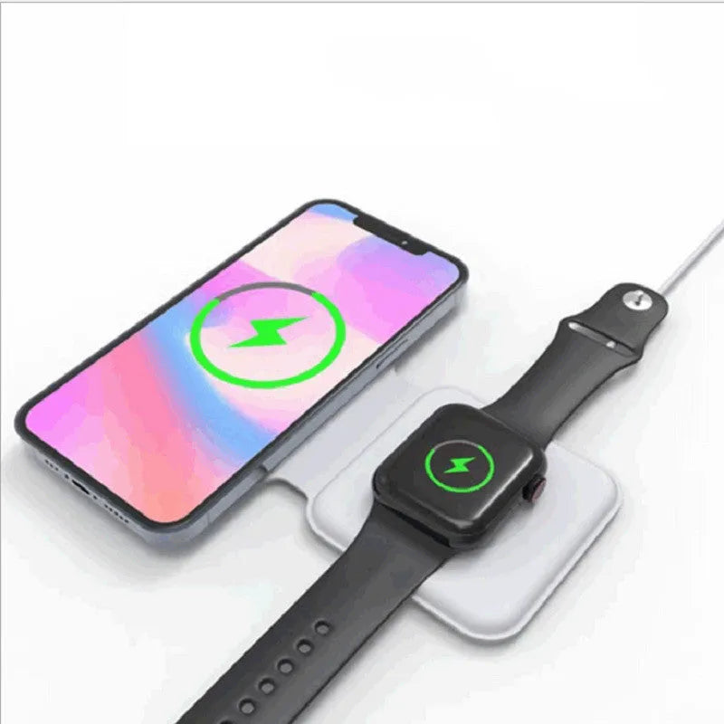 White magnetic wireless charging dock in folded position showing dual charging surfaces and Type-C port