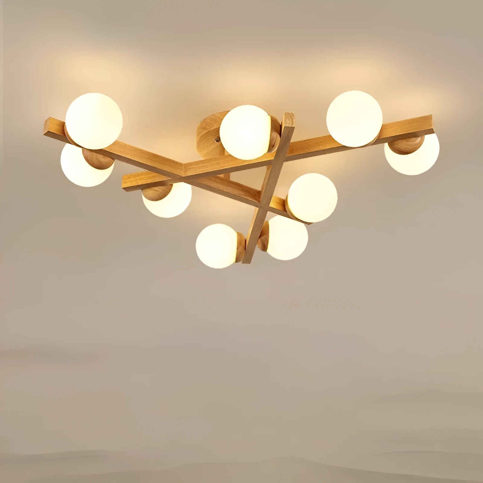 Wooden style modern ceiling lamp with three light heads in Nordic design for living rooms