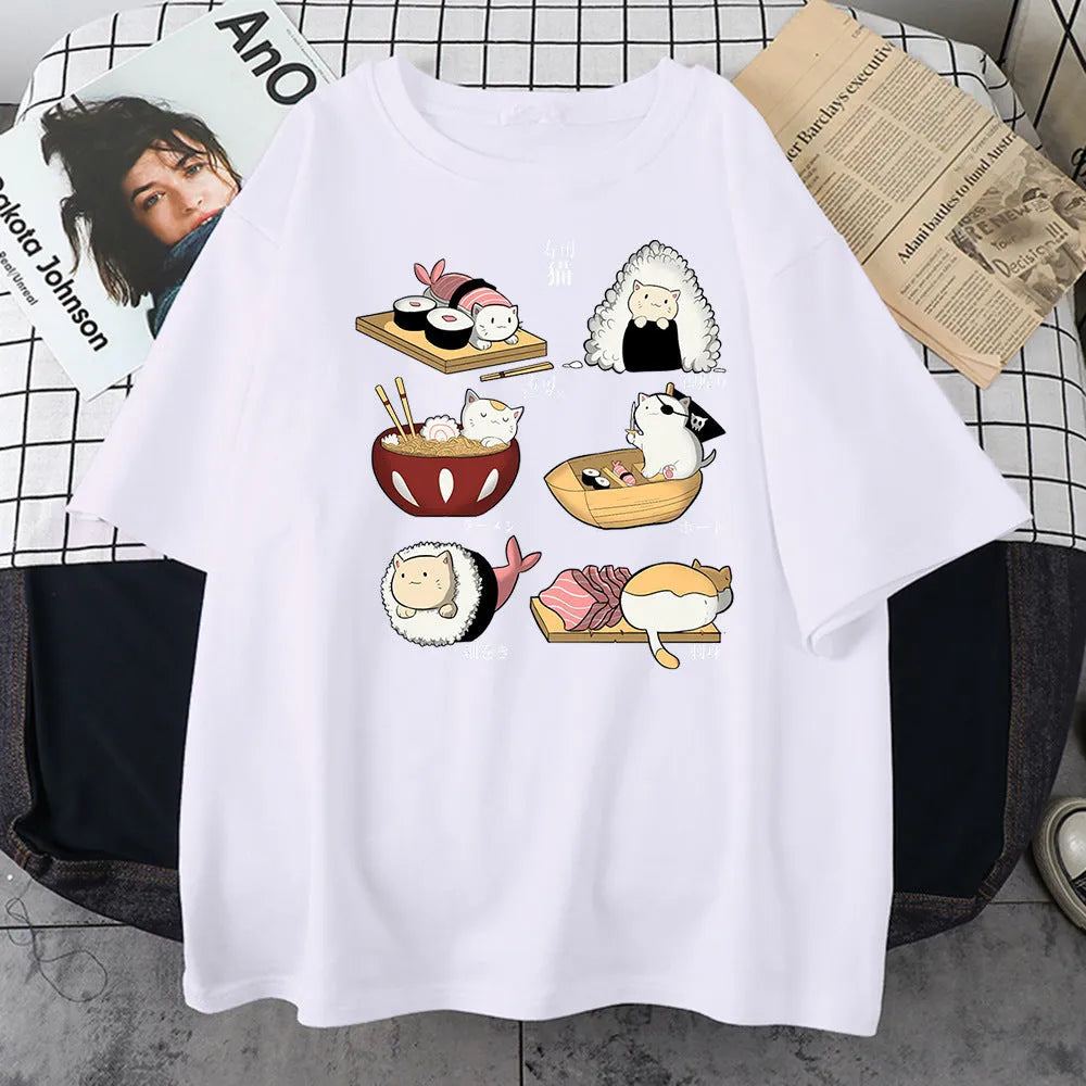 Men's black cotton t-shirt with a cute cartoon print of cats designed as sushi rolls.