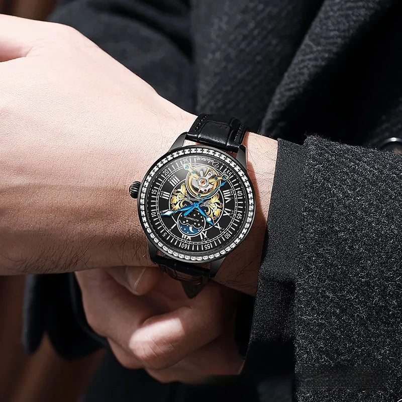 Waterproof men's mechanical watch with transparent case back showing movement inside, stainless steel strap with butterfly buckle