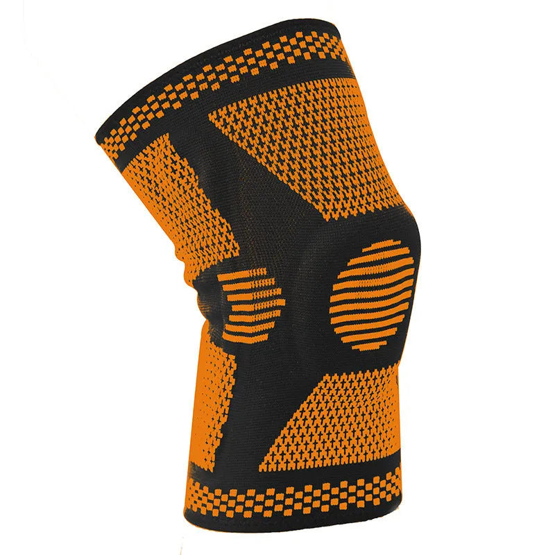 Sports fitness silicone spring knee pads in polyamide material showing colour options and sizing for leg circumference 35-55cm