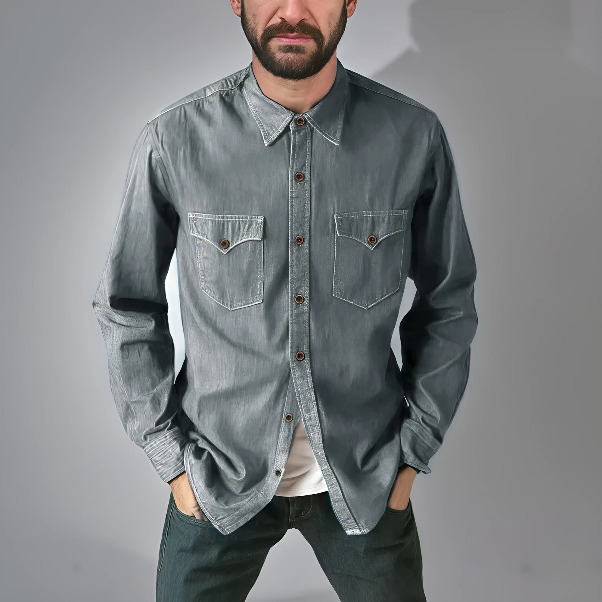A cotton denim cardigan coat in a regular fit, shown on a hanger.