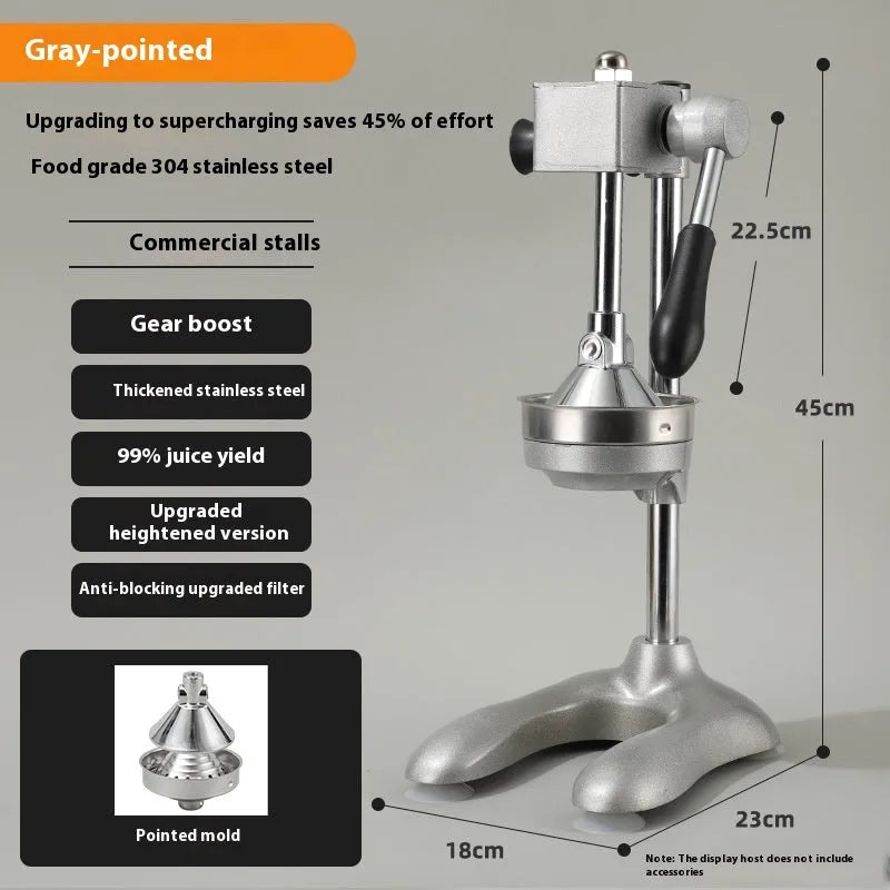 Vertical stainless steel manual juicer with zinc alloy base in choice of colours with pointed, flat or double head options