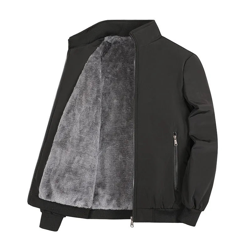 Men's winter thickening polyester padded coat in black, casual oversized fit, front view