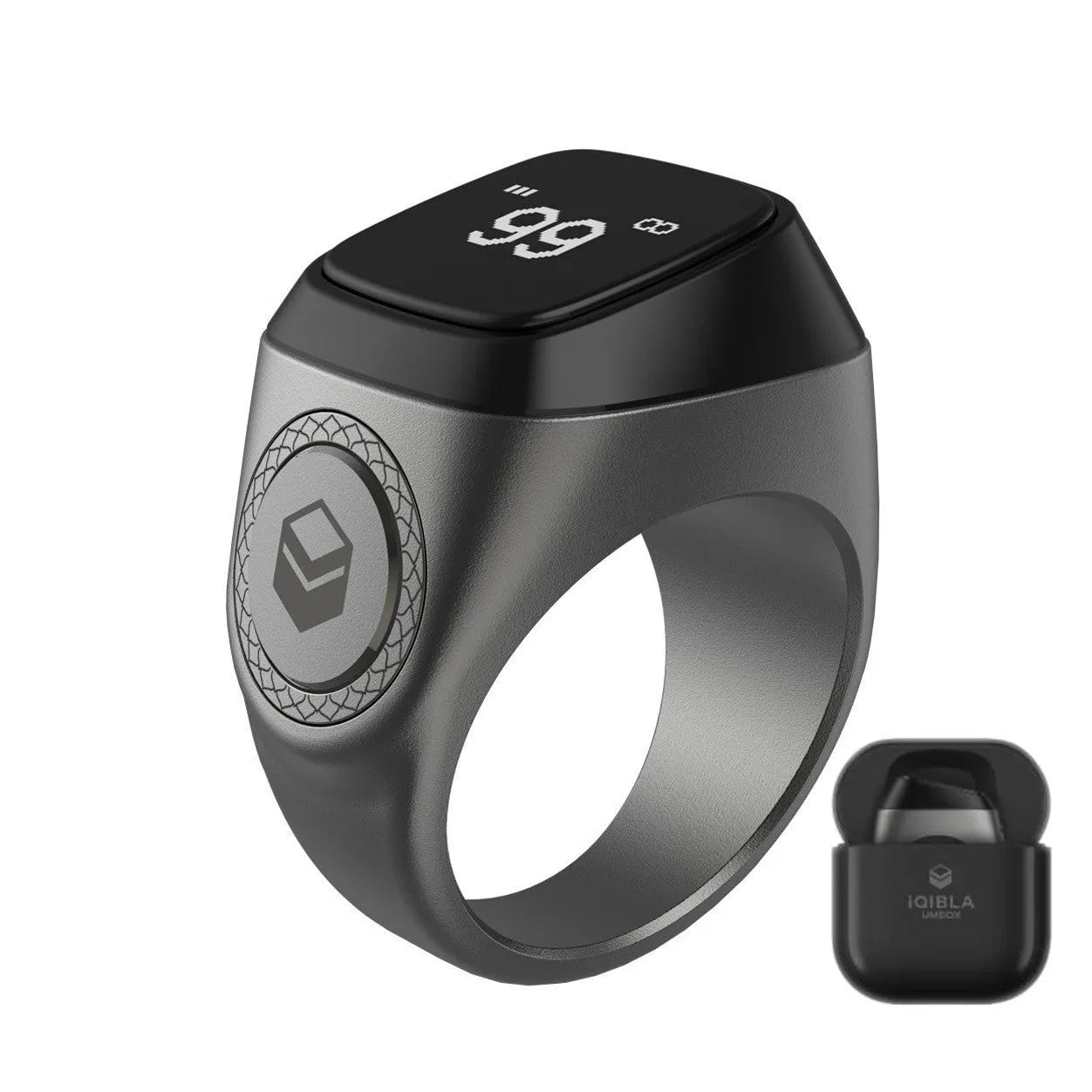 Zikr1 smart ring in black green rose gold silver colours with OLED display showing prayer times