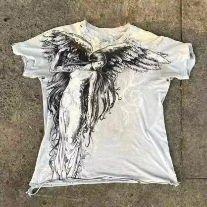 Men's black gothic cartoon print short sleeve t-shirt on a hanger