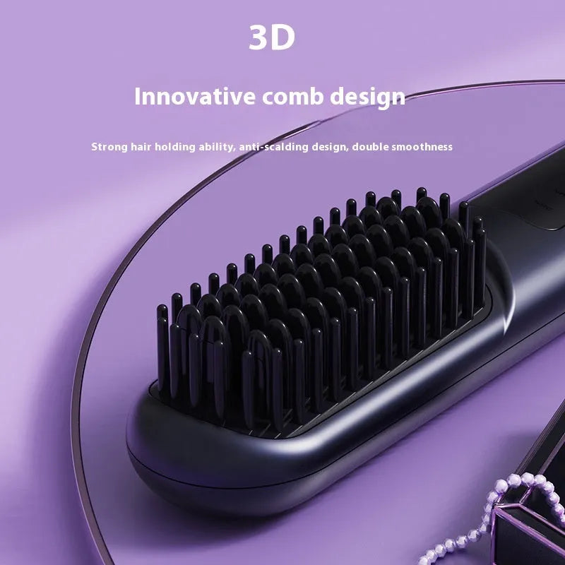 A white portable negative ion hair comb with USB charging port on a dark surface.