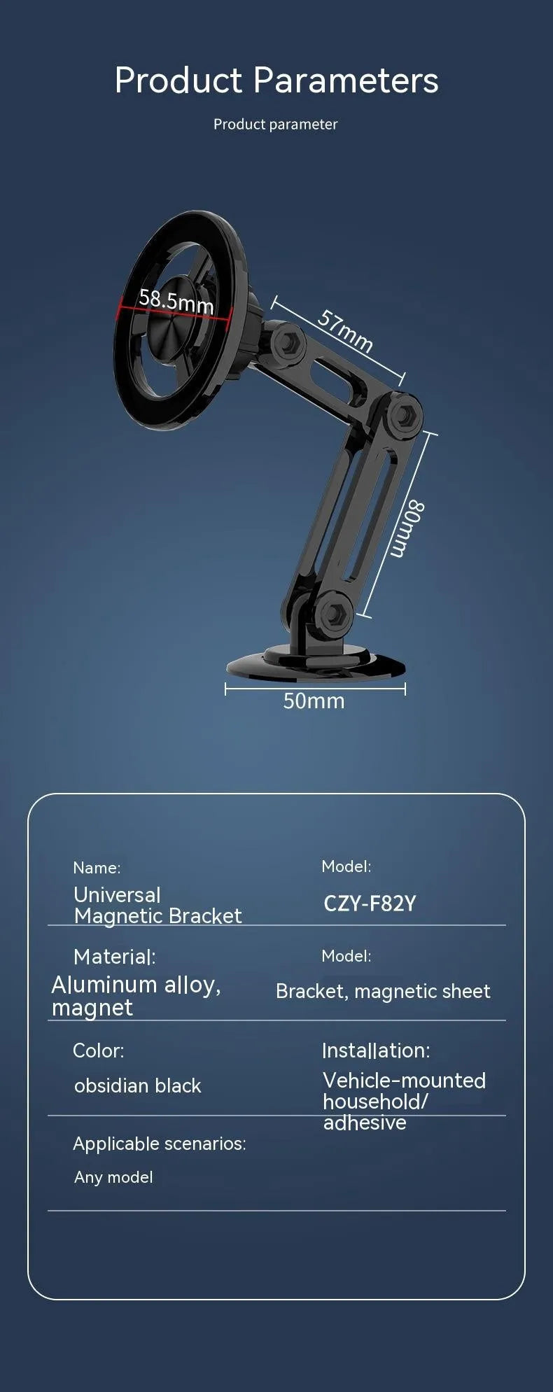 All-metal magnetic car phone holder in black, silver, gold, and rose gold colours with magnetic rings and adhesive pads