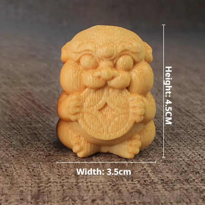 Solid bamboo money cat carving ornament measuring 4.5cm by 3.5cm