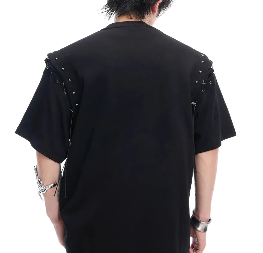 Black short sleeve T-shirt with a lace-up cutout detail on the front.