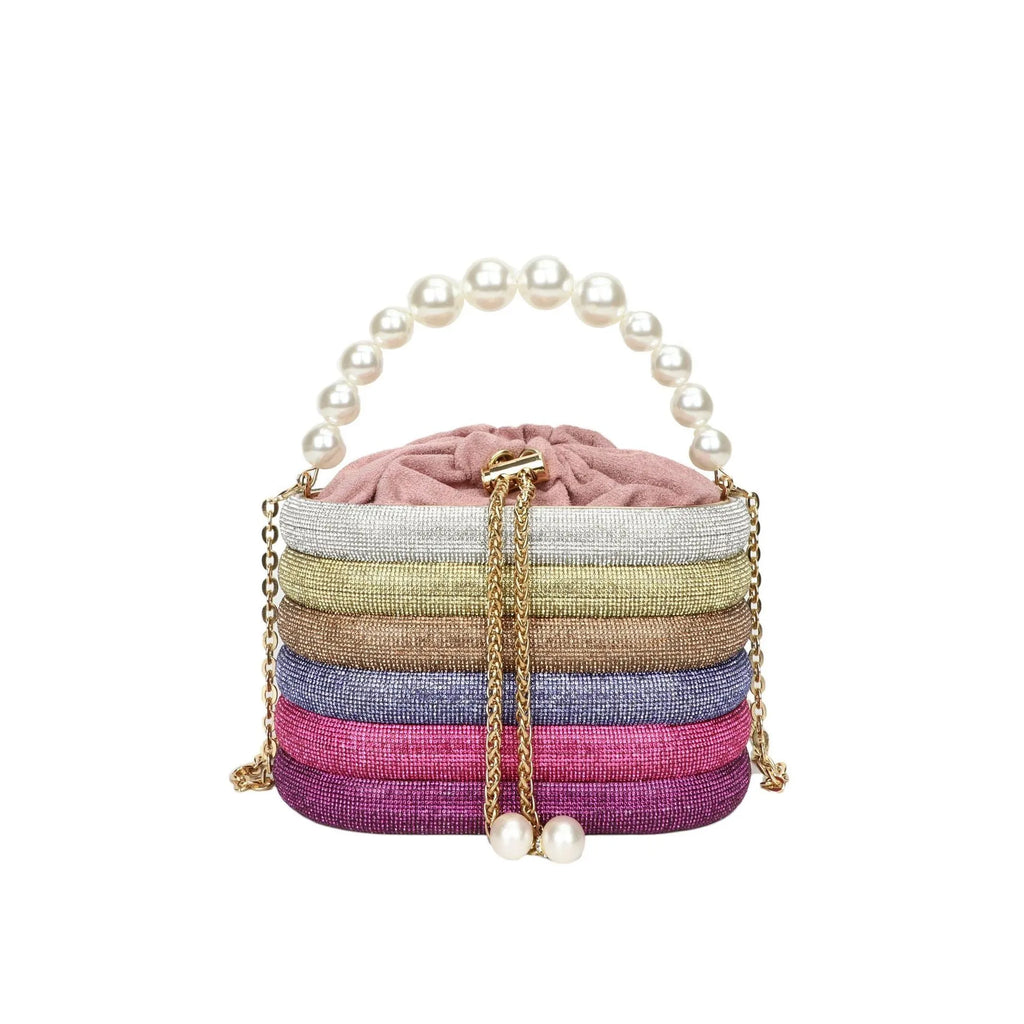 Round women's crossbody bag in PU leather with pearl bead decoration and single shoulder strap