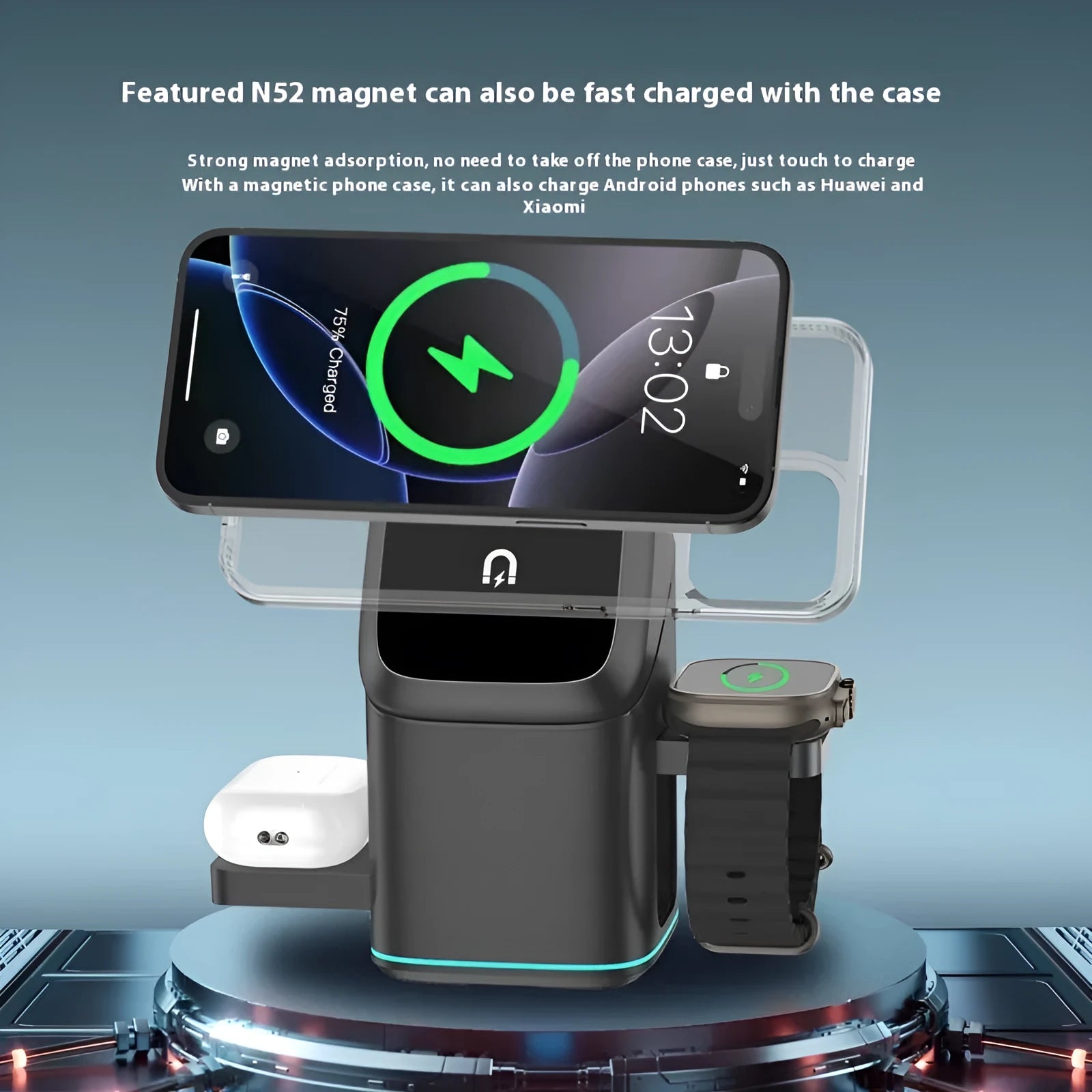 Black magnetic wireless charging stand for mobile phones showing 180-degree rotation capability