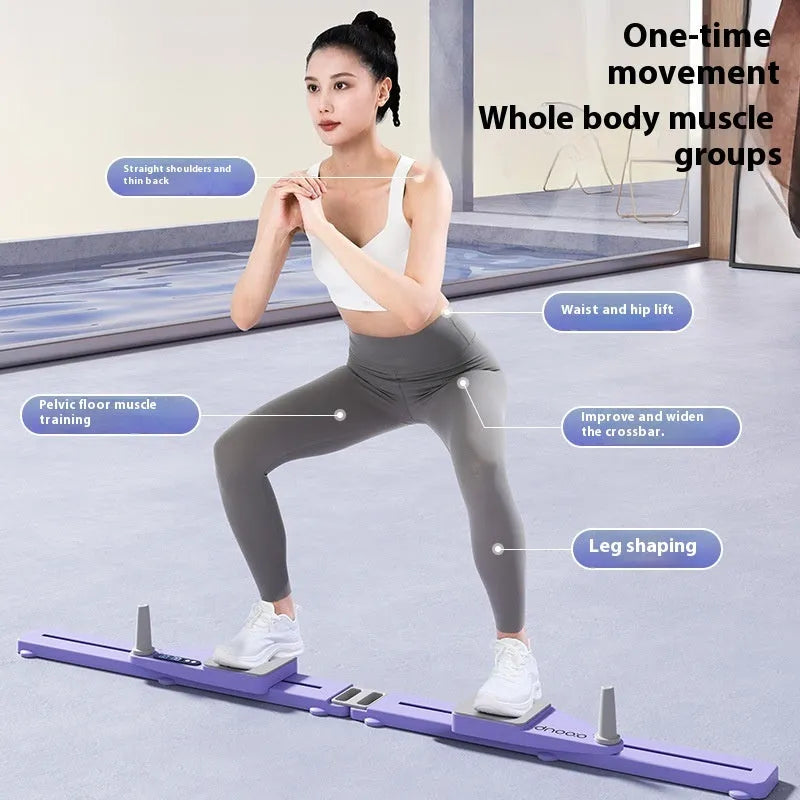 PP multifunctional split skiing machine trainer in purple, 85 cm length, on a wooden floor