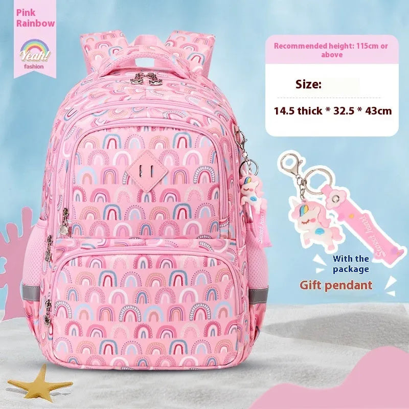Blue children's waterproof school backpack with dinosaur pattern and curved shoulder straps on a white background.