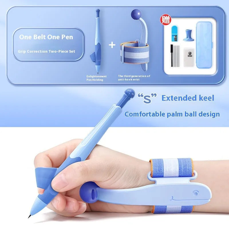 Blue anti-hook wrist brace and pen control corrector for children's writing posture on a table.