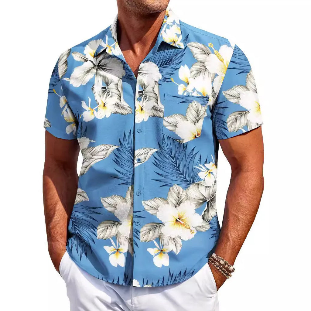 A man wearing a slim-fit short-sleeve shirt in a solid colour, showing the cardigan style and elastic fabric.