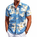 A man wearing a slim-fit short-sleeve shirt in a solid colour, showing the cardigan style and elastic fabric.