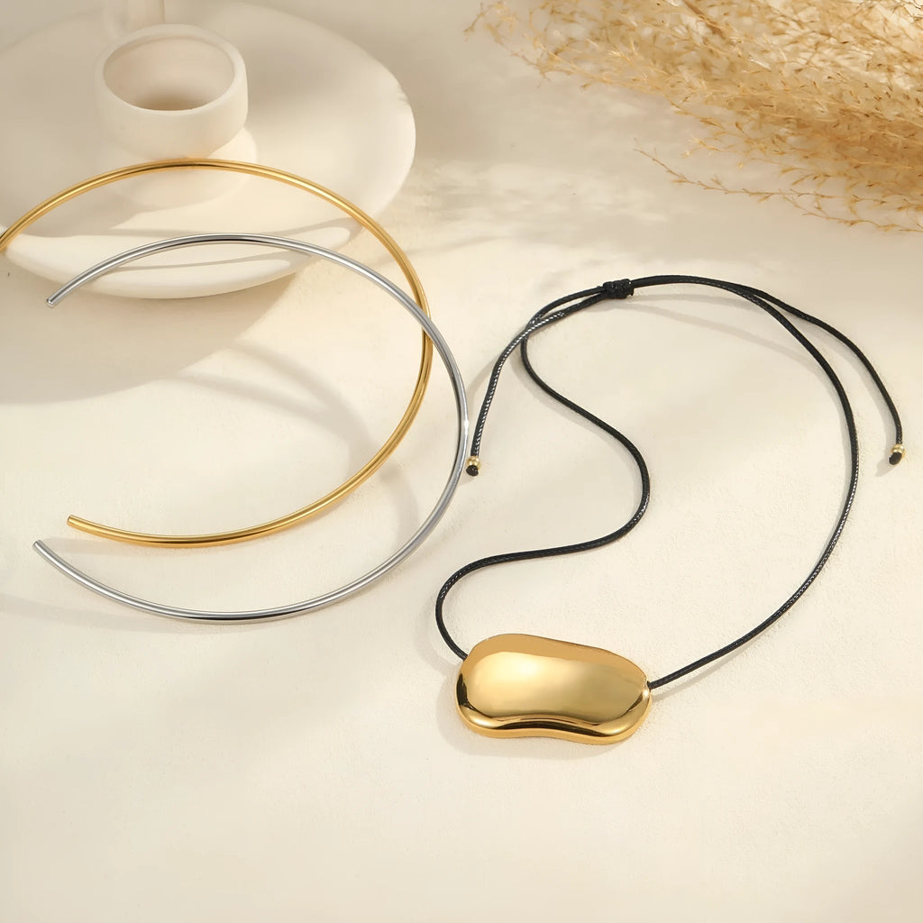 Black rope titanium steel necklace with geometric irregular pendants on adjustable 41-50cm chain