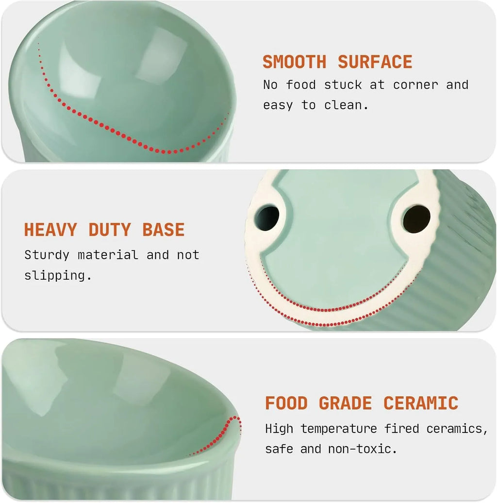 Ceramic elevated cat bowl in green, showing tilted round dish on a raised stand.